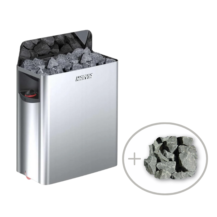 Harvia The Wall 6/8kW 240V Stainless Steel Electric Heater Package w/ Built-In Knob Controls and Stones