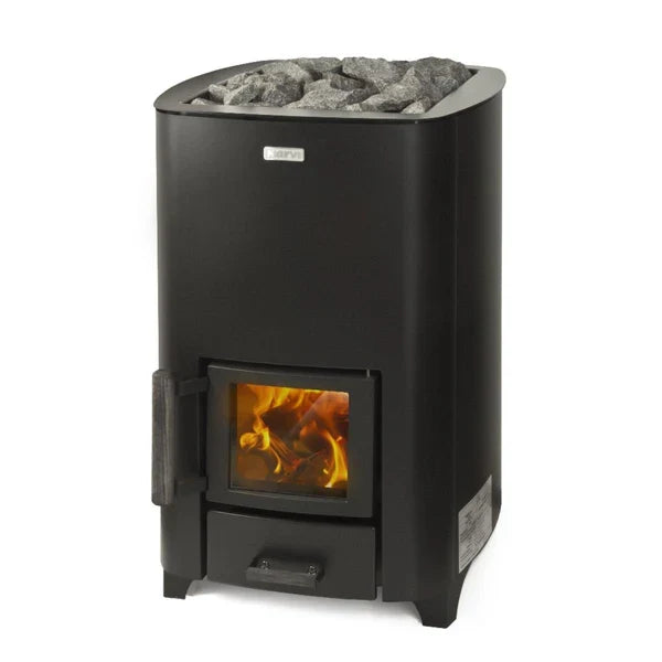 Narvi NC wood-burning sauna stove in black with large open stone basket
