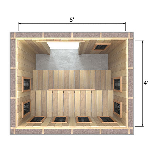 Finnmark Spectrum+ 5' x 4' room floor plan with 10 ceramic infrared panels (straight-bench layout)