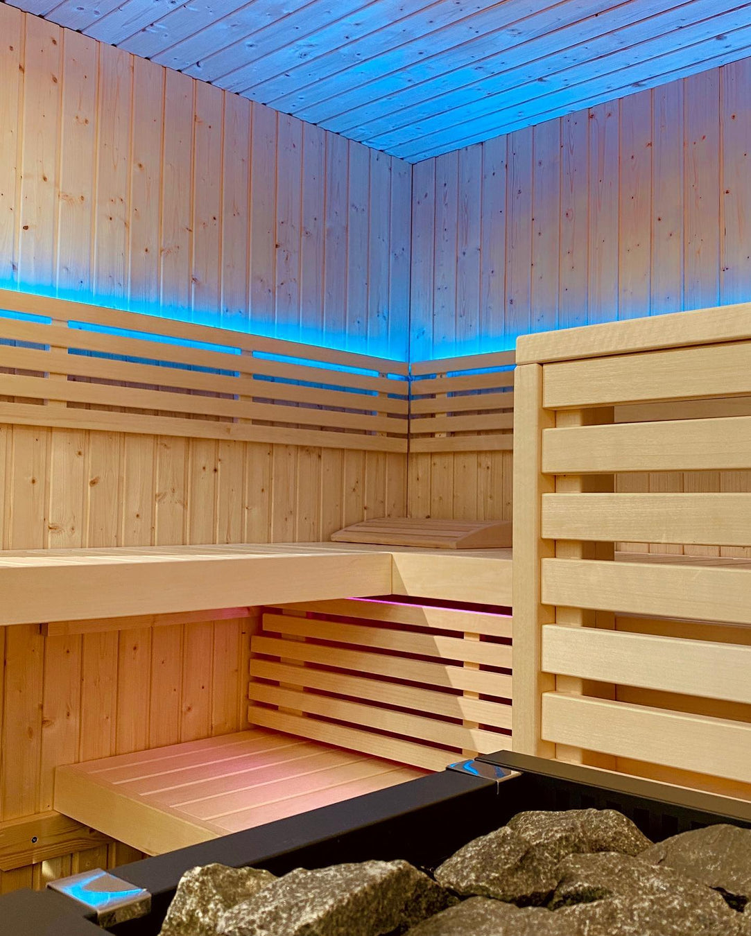 Aspen Custom Sauna With Blue Backlit Backrests