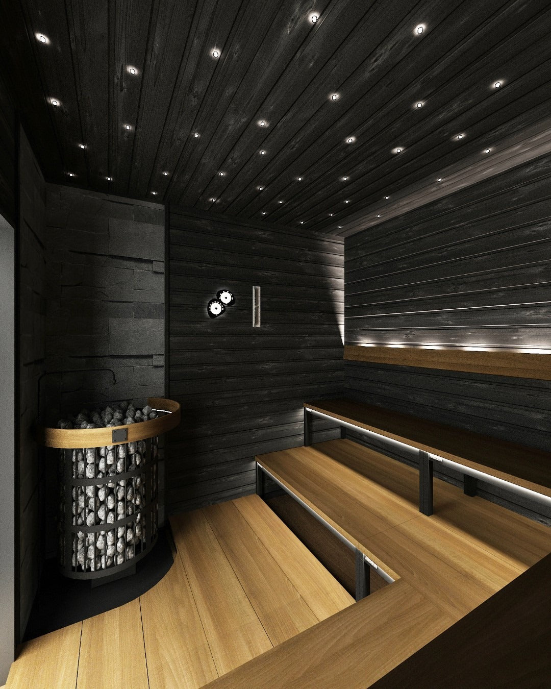 Black Interior Custom Sauna With Harvia Heater