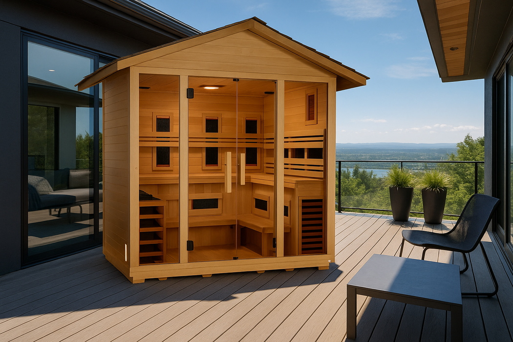 Kit de sauna híbrido con calentador eléctrico tradicional Harvia e infrarrojo de espectro completo para 5 personas de Golden Designs Gargellen | GDI‐8125‐01
