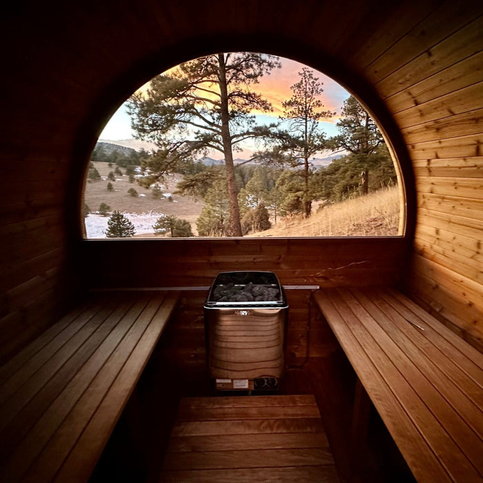 Harvia KIP mounted on a barrel sauna wall