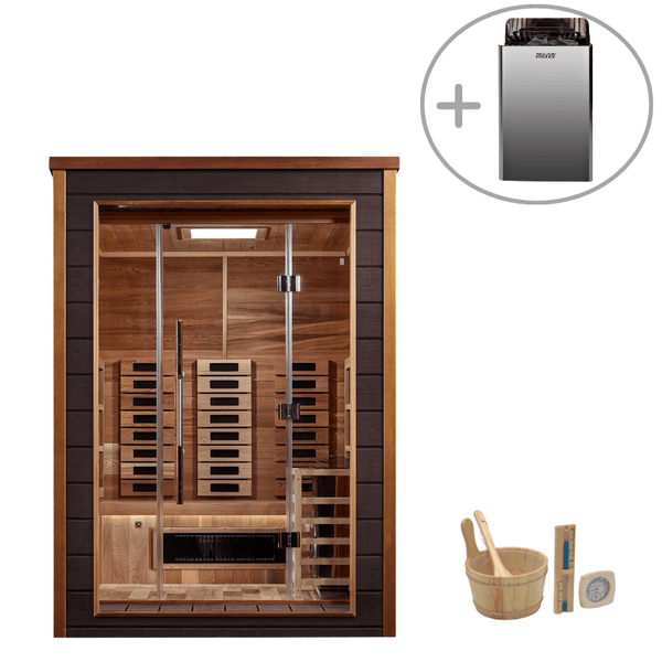 Golden Designs Nora 2-Person Hybrid Outdoor Sauna w/ Full Spectrum Infrared & Harvia Traditional Electric Heater + Red Light Therapy Kit | GDI-8222-01