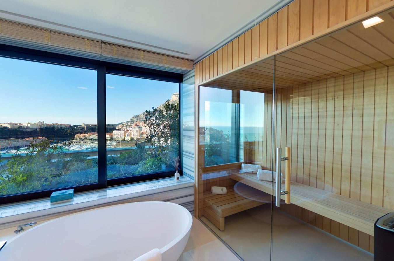 Custom Aspen Bathroom Sauna Next to Bathtub