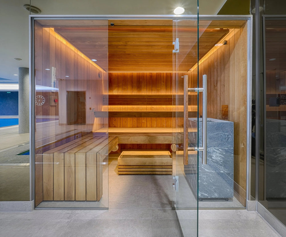 Custom Sauna With Glass Wall and Large Heater