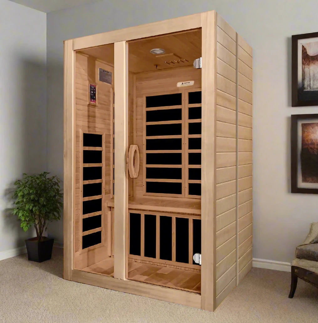 Dynamic Santiago infrared sauna interior bench and chromotherapy lighting