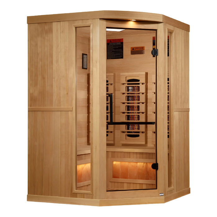 Golden Designs Reserve Edition 3-Person Corner Full Spectrum Near Zero EMF FAR Infrared Sauna + Red Light Therapy w/ Himalayan Salt Bar | GDI-8035-03