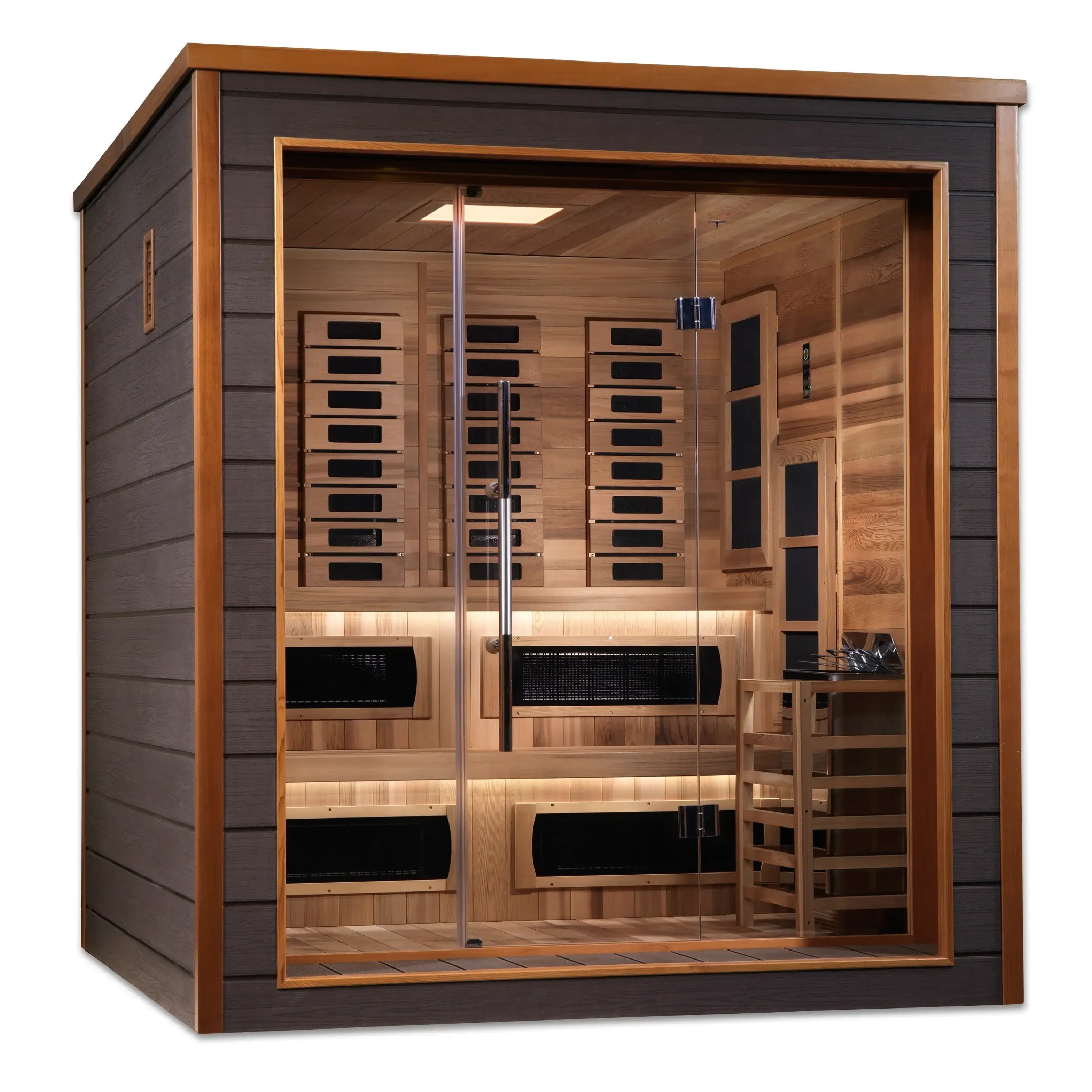 Golden Designs Karlstad 6-Person Hybrid Outdoor Sauna w/ Full Spectrum Infrared & Harvia Traditional Electric Heater + Red Light Therapy Kit | GDI-8226-01