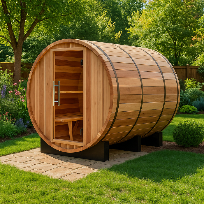 Sauna de barril de cedro para 6 personas Golden Designs Klosters y kit de calentador eléctrico de pared Harvia | GDI-B006-01