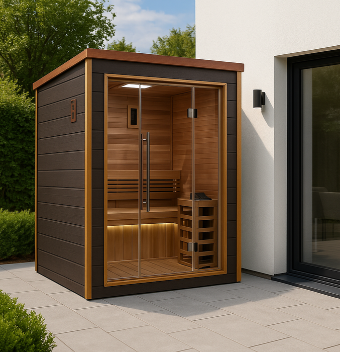 Sauna de exterior de cedro para dos personas Golden Designs Narvik y kit de calentador eléctrico de pared Harvia | GDI-8202-01