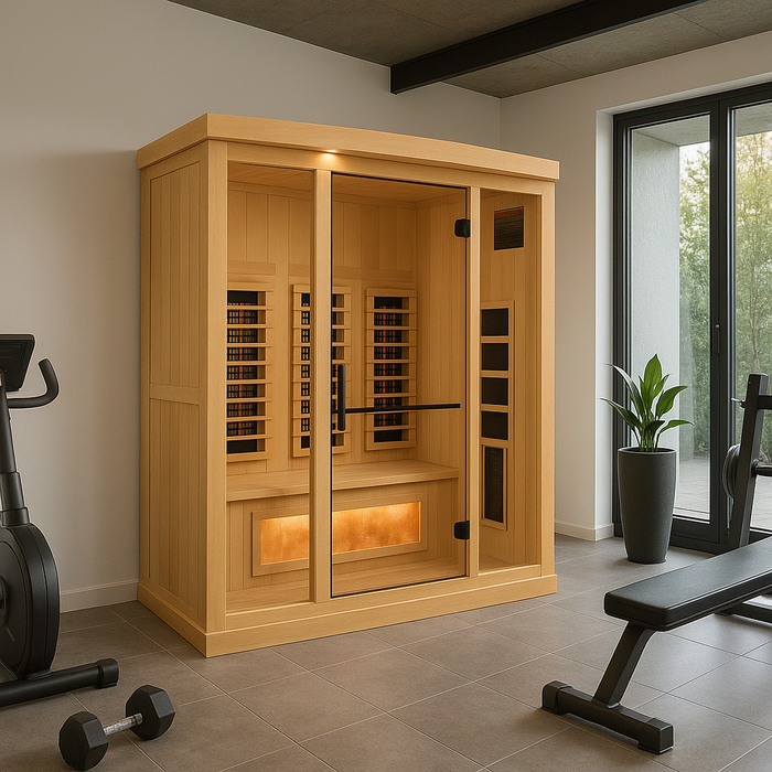 Golden Designs 3-Person Full Spectrum Near Zero EMF FAR Indoor Infrared Sauna + Red Light Therapy & Himalayan Salt Bar | GDI-8030-03