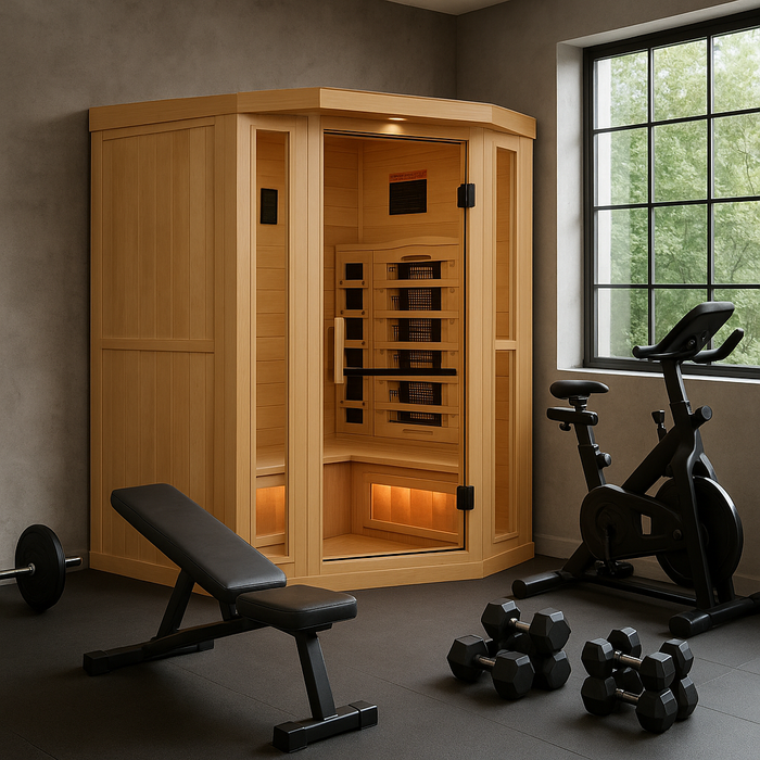 Golden Designs 3-Person Corner Full Spectrum Near Zero EMF FAR Indoor Infrared Sauna + Red Light Therapy & Himalayan Salt Bar | GDI-8035-03