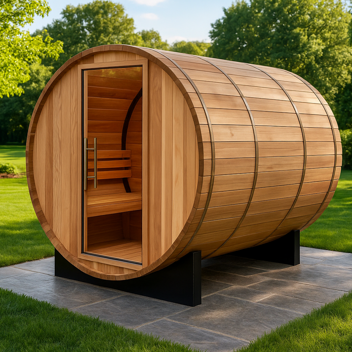 Golden Designs Zurich 4-Person Outdoor Barrel Sauna w/ Panoramic Rear Window & Harvia Traditional Electric Heater Kit | GDI-B024-01