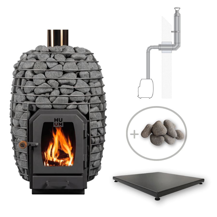 HUUM Hive 17kW Wood Stove + Thru-Wall Chimney & Stones