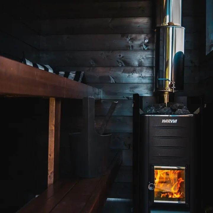 Harvia Wood Stove in Dark Custom Sauna