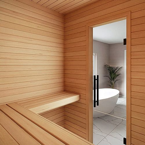 Prosaunas Sauna Wood, Hemlock Vertical Grain, Clear Grade A+ V Gap Wall Cladding, 1/2"x4" - interior view