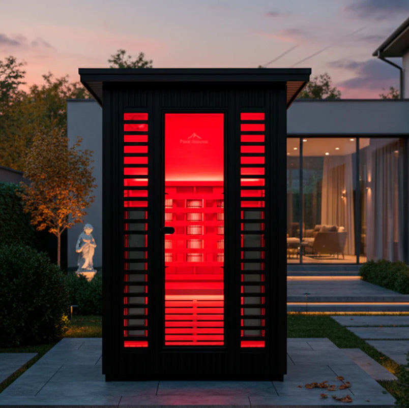 Peak Saunas Patagonia 2-Person Outdoor Full Spectrum Infrared Sauna with XL Medi - outdoor setting