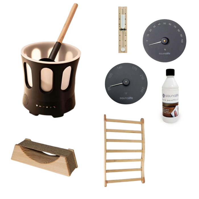 Haven Of Heat Essential Sauna Accessories Package | Bucket & Ladle, Thermometer, Hygrometer, Sand Timer, Backrest, Headrest, Paraffin Oil