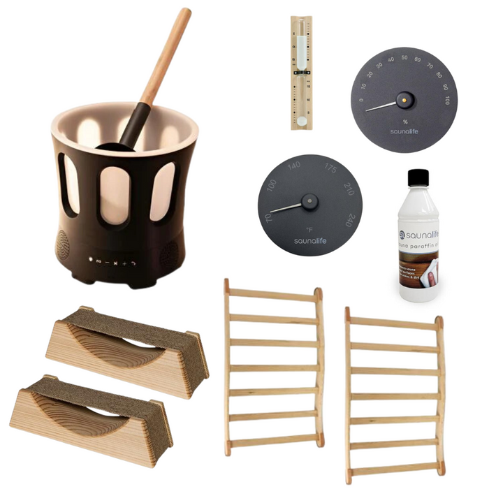 Haven Of Heat Essential Sauna Accessories Package | Bucket & Ladle, Thermometer, Hygrometer, Sand Timer, Backrest, Headrest, Paraffin Oil