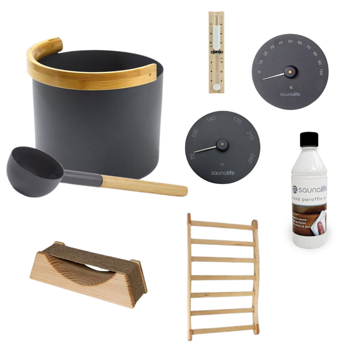 Haven Of Heat Essential Sauna Accessories Package | Bucket & Ladle, Thermometer, Hygrometer, Sand Timer, Backrest, Headrest, Paraffin Oil