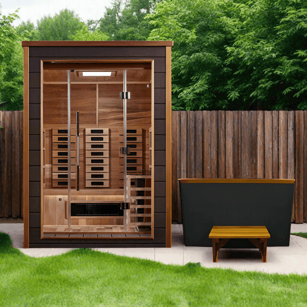 Golden Designs Nora 2-Person Hybrid Outdoor Sauna w/ Full Spectrum Infrared & Harvia Traditional Electric Heater + Red Light Therapy Kit | GDI-8222-01