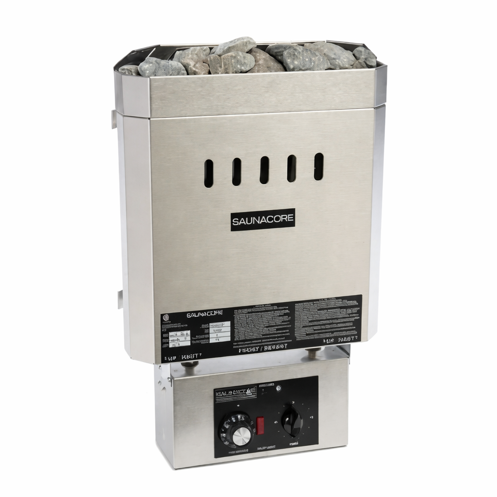 Stainless steel sauna stove with rocks on top, featuring the Saunacore brand.