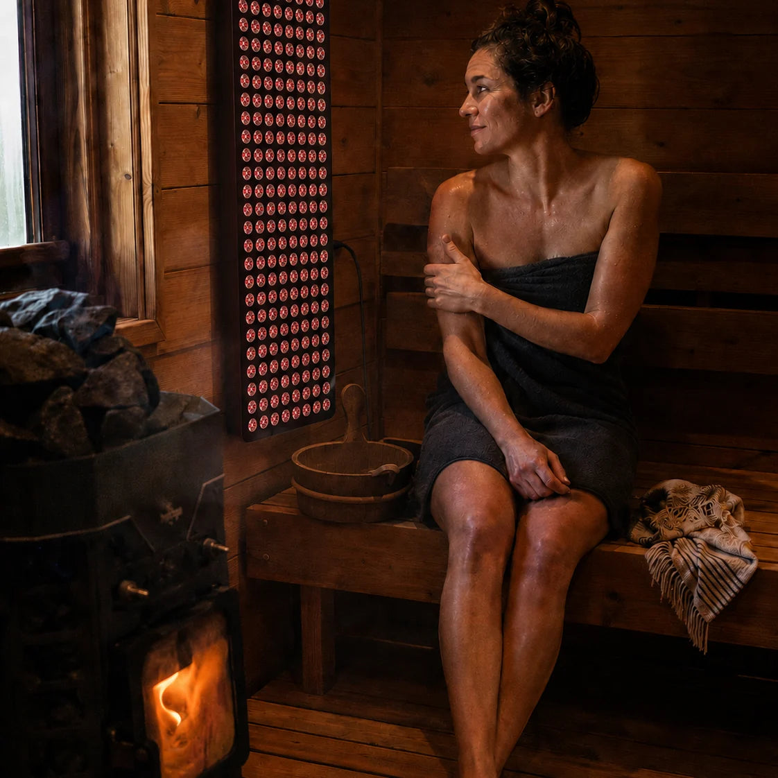 Hooga Blaze red light therapy panel in a home sauna setting