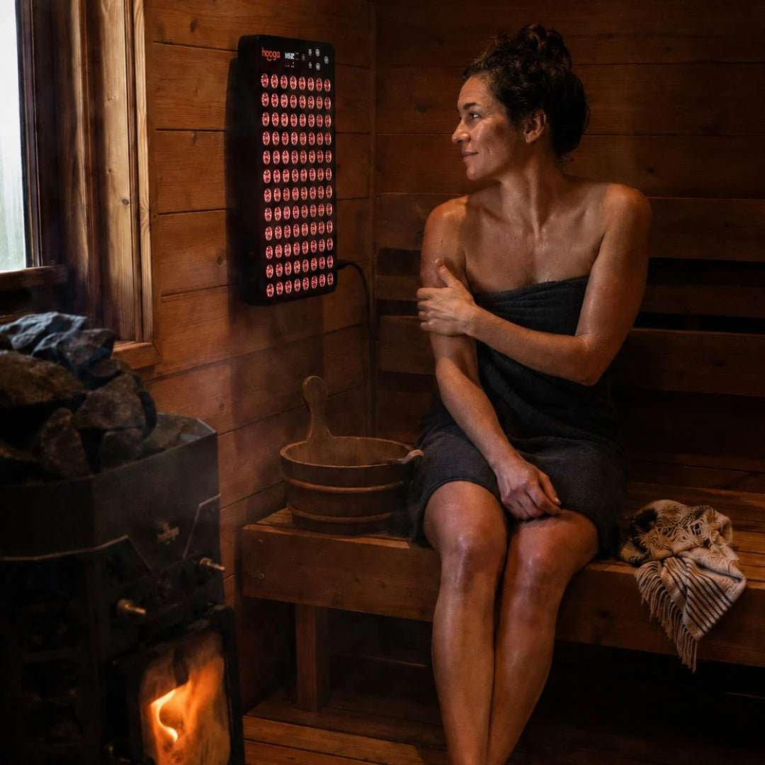 Woman relaxing in a sauna beside a Hooga Ember red light therapy panel