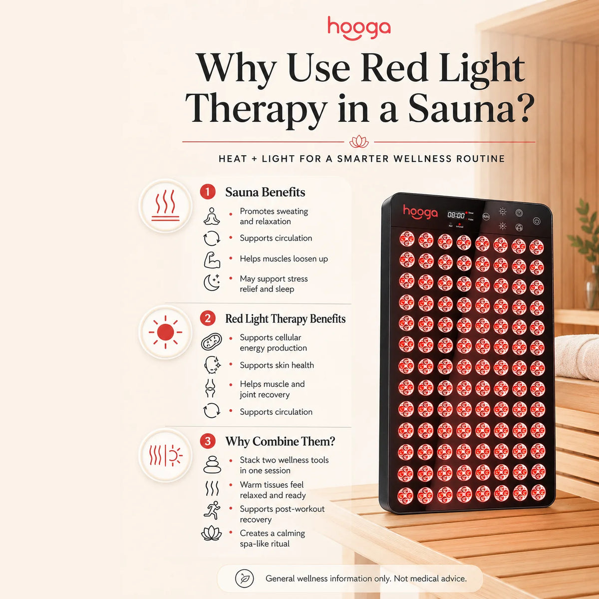 Why use red light therapy in a sauna - Hooga Ember panel benefits for circulation, recovery, and skin