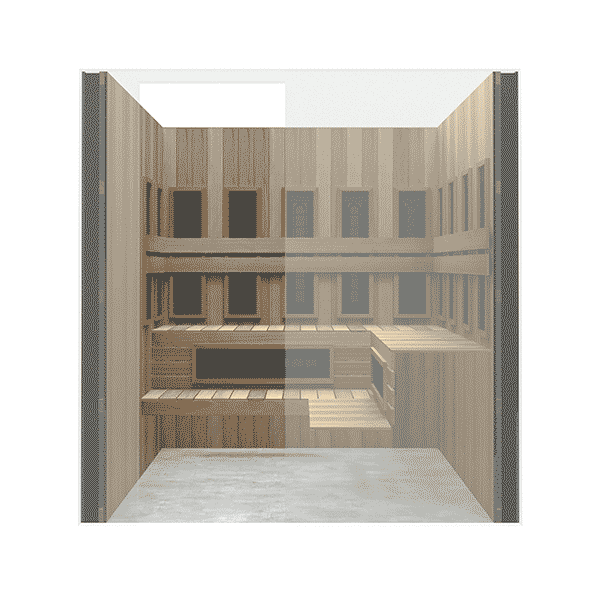 Finnmark Spectrum+ 6' x 6' sauna layout with 13 ceramic infrared panels and L-shaped bench