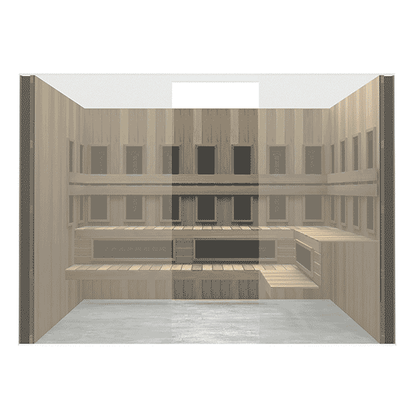 Finnmark Spectrum+ 6' x 9' sauna layout with 16 ceramic infrared panels and L-shaped bench