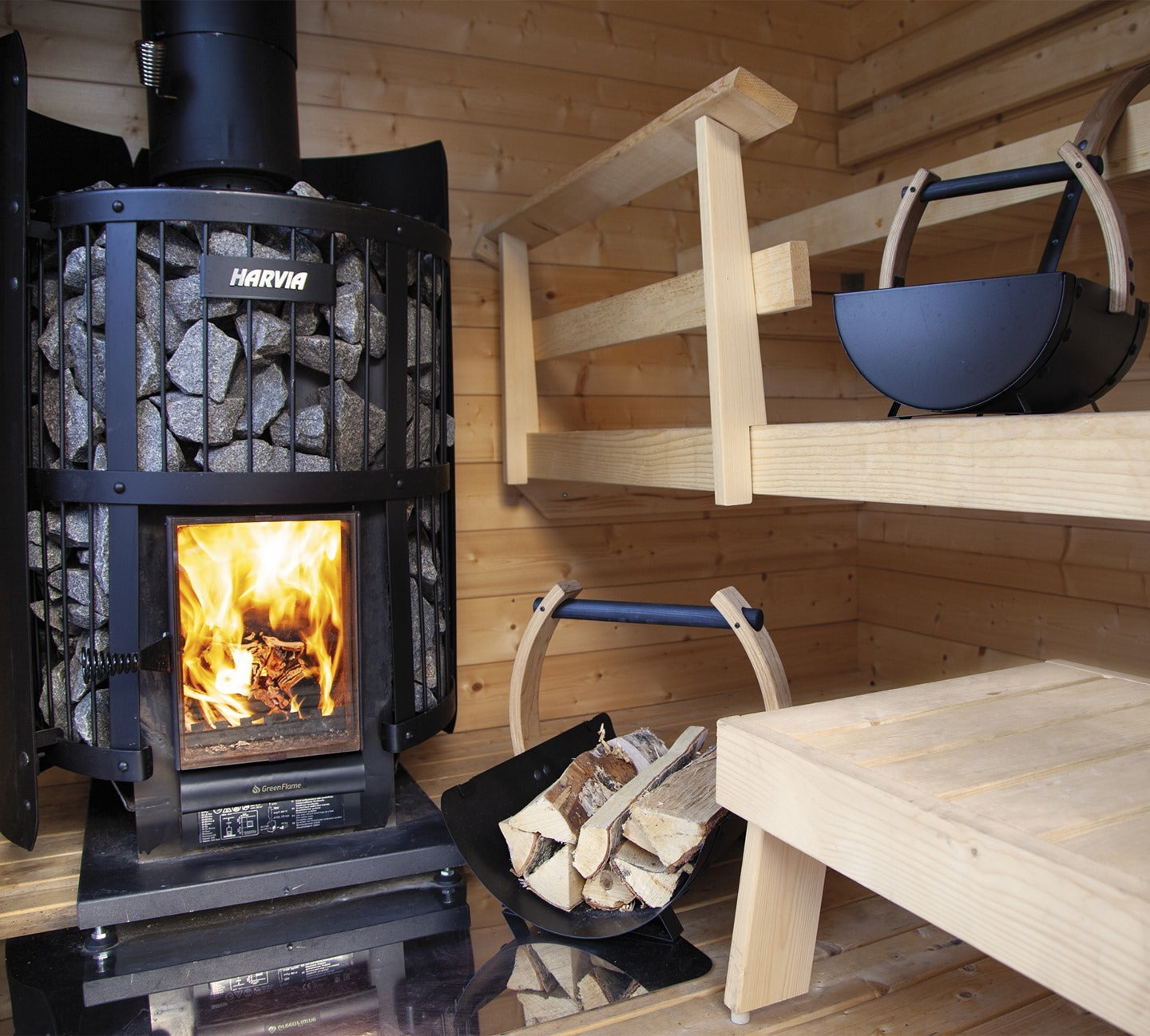 Harvia Legend 300 23.5kW Wood Burning Stove Package w/ Chimney Kit, Rock Cage, Protective Bedding, Sheath, Stones