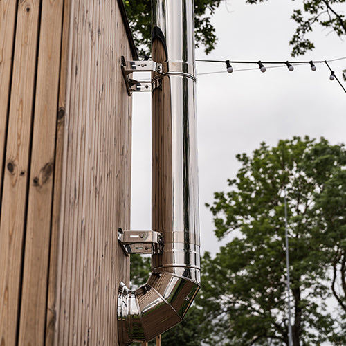 HUUM Thru-Wall Sauna Wood Stove Rear Exit Chimney Kit Stainless Steel - installed in sauna room