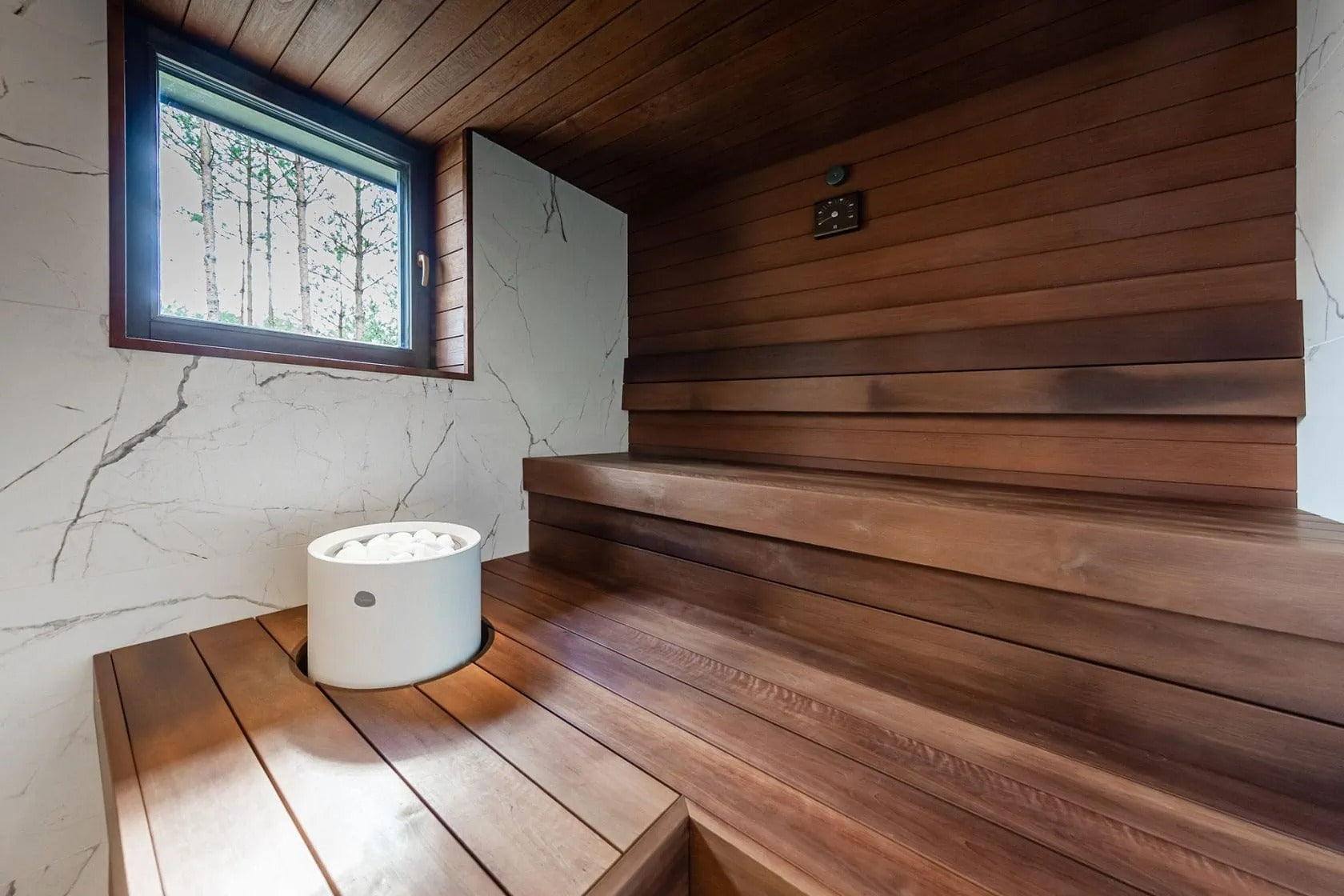 Thermory Sauna Wood, Dark Thermo Alder 5/4"x4" Bench Material - thermo alder-aspen option