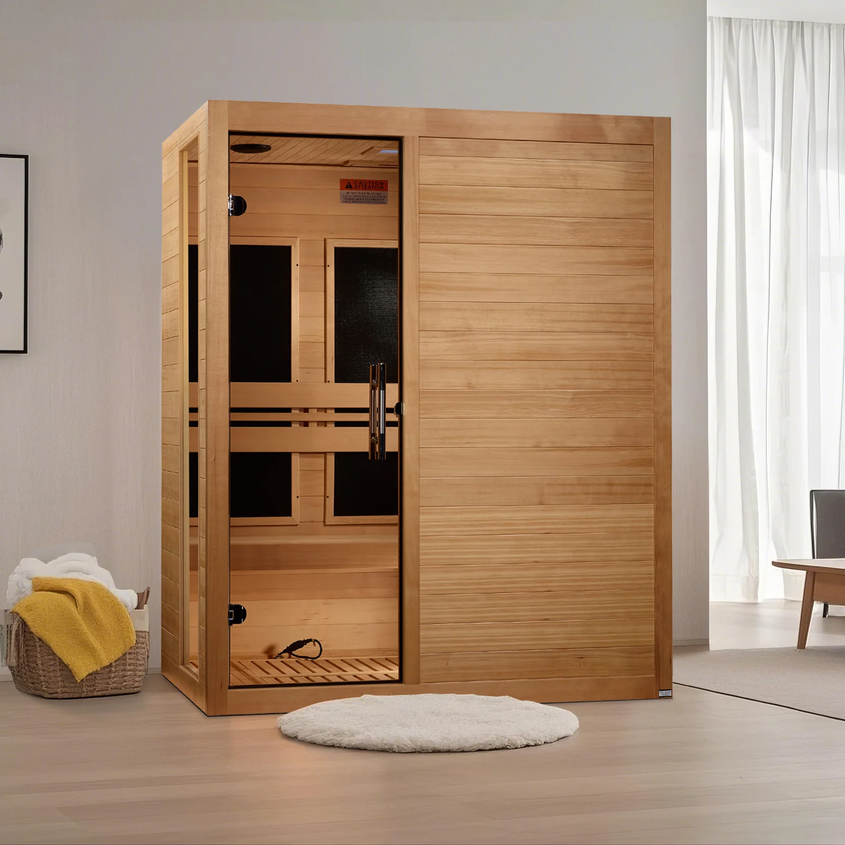 Wooden sauna in a modern living room with a gray sofa and coffee table.