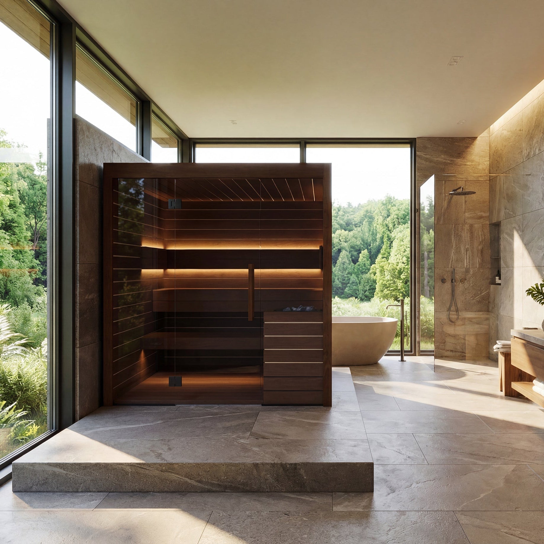 Modern indoor sauna with wooden interior and large windows overlooking greenery