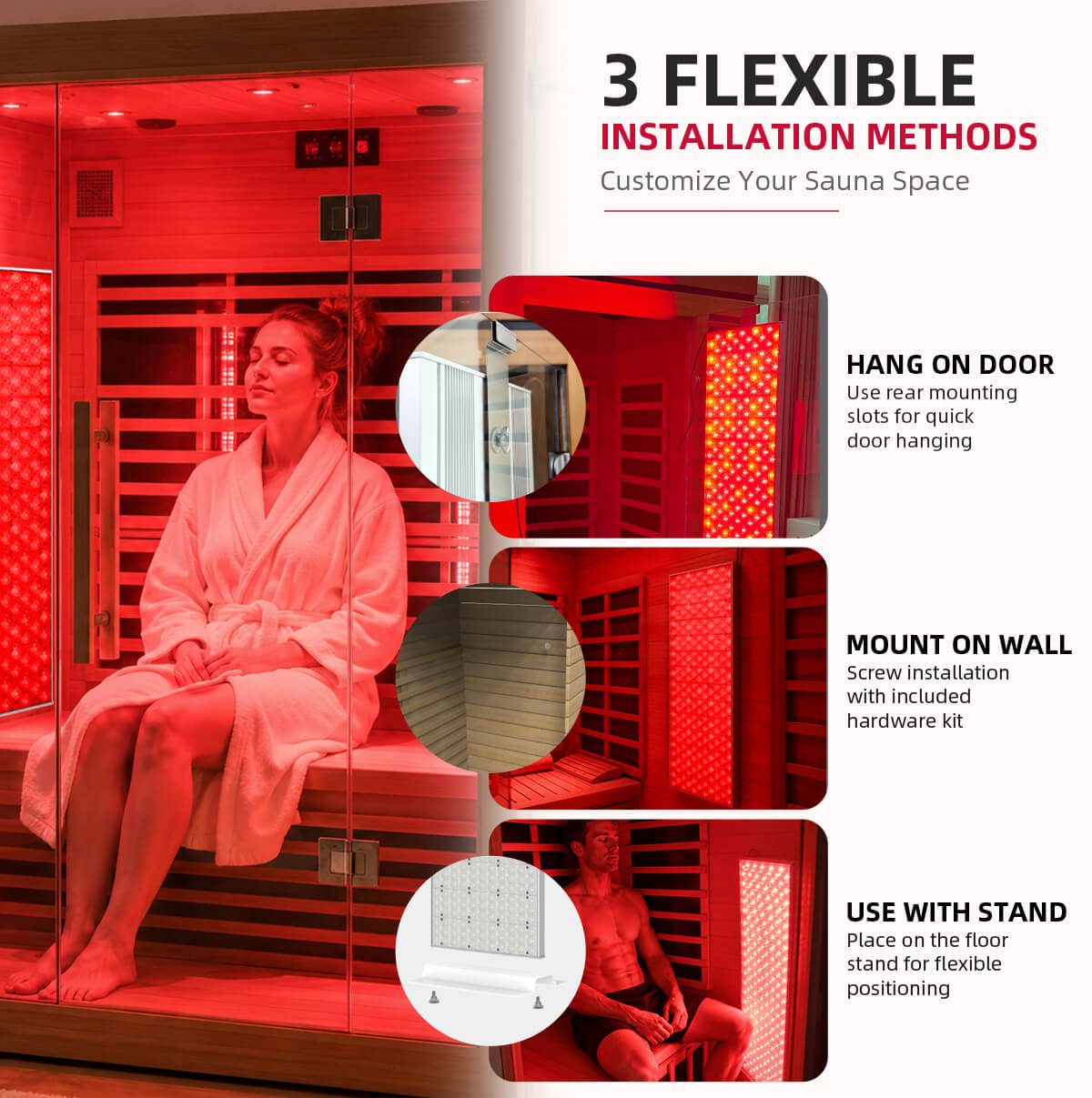 SaunaLight RS301 door, wall, and floor stand installation methods