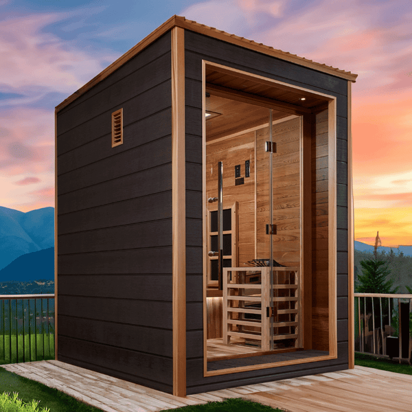 Golden Designs Nora 2-Person Hybrid Outdoor Sauna w/ Full Spectrum Infrared & Harvia Traditional Electric Heater + Red Light Therapy Kit | GDI-8222-01