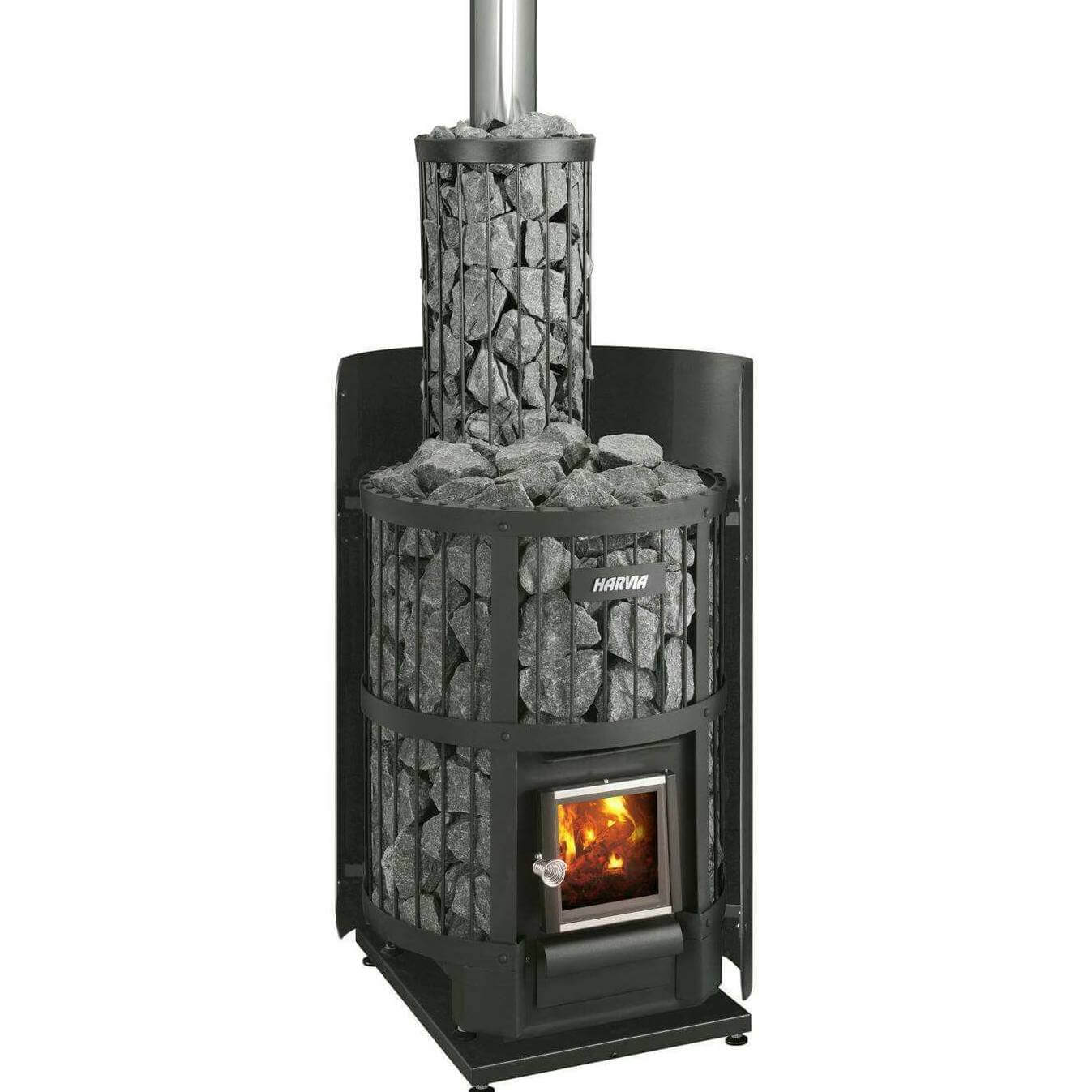 Harvia Legend 240 GreenFlame 15.9kW Wood Burning Stove Package w/ Chimney Kit, Rock Cage, Protective Bedding, Sheath, Stones