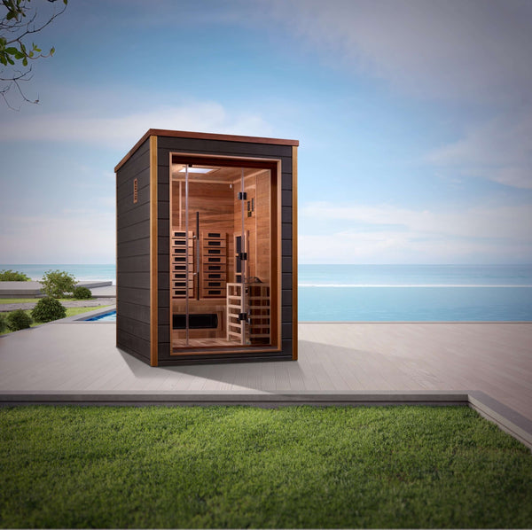 Golden Designs Nora 2-Person Hybrid Outdoor Sauna w/ Full Spectrum Infrared & Harvia Traditional Electric Heater + Red Light Therapy Kit | GDI-8222-01