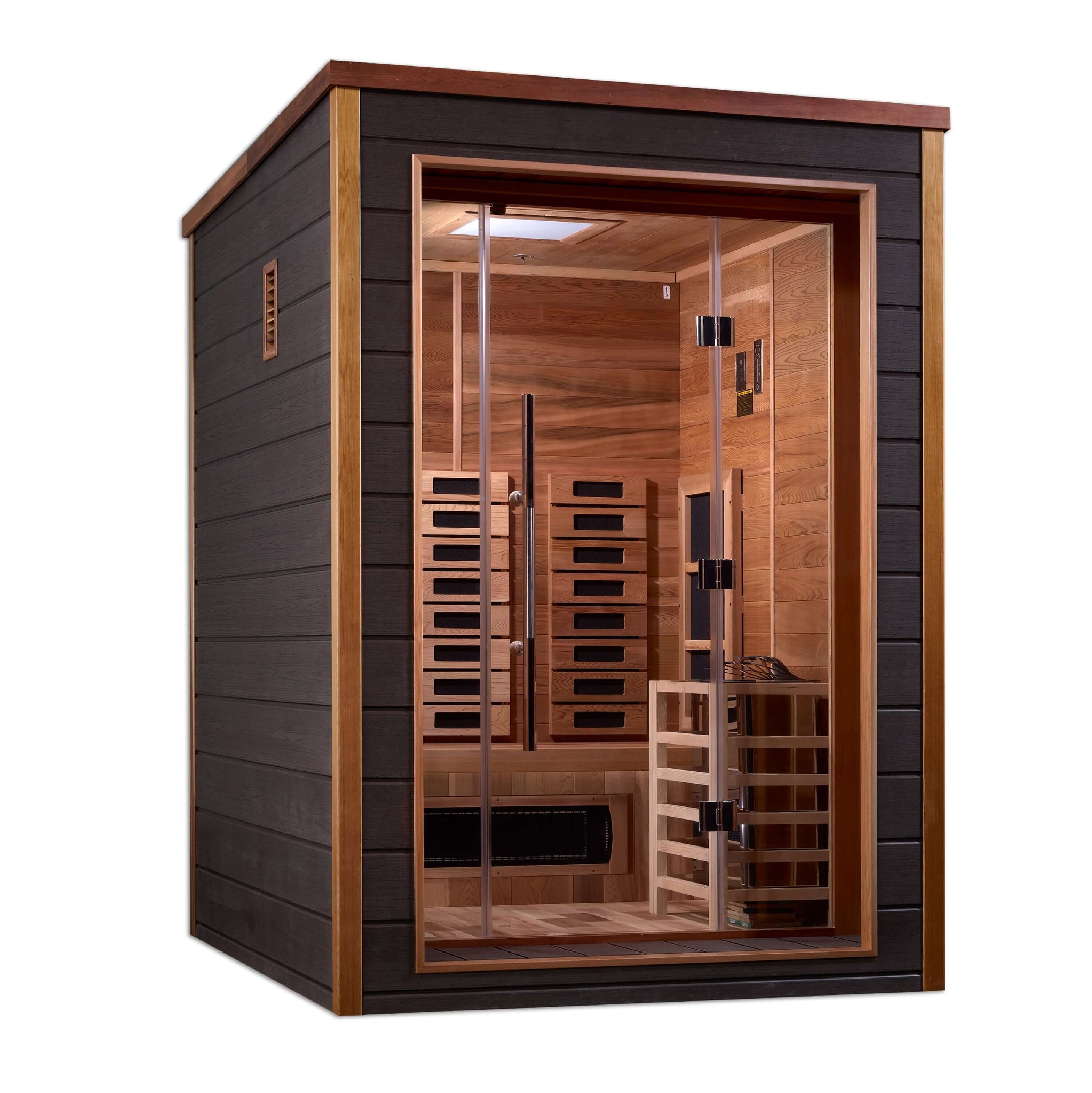 Golden Designs Nora 2-Person Hybrid Outdoor Sauna w/ Full Spectrum Infrared & Harvia Traditional Electric Heater + Red Light Therapy Kit | GDI-8222-01