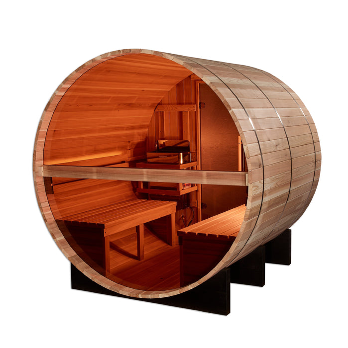 Golden Designs Zurich 4-Person Outdoor Barrel Sauna w/ Panoramic Rear Window & Harvia Traditional Electric Heater Kit | GDI-B024-01